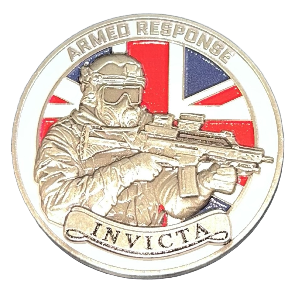 Kent Police Tactical Operations Armed Response ‘Invicta’ Challenge Coin - Gunmetal Full Colour Flag — front