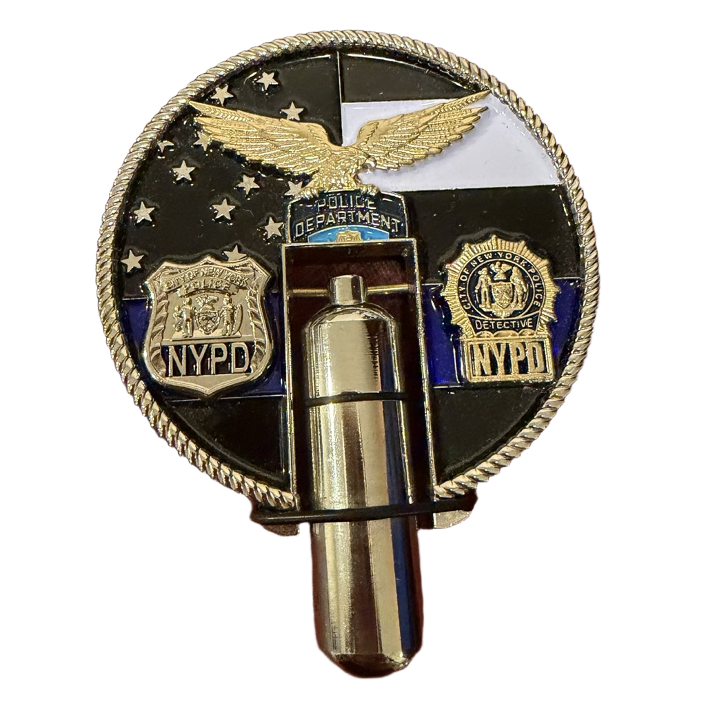 NYC Skyline challenge coin with Cigar Punch — front