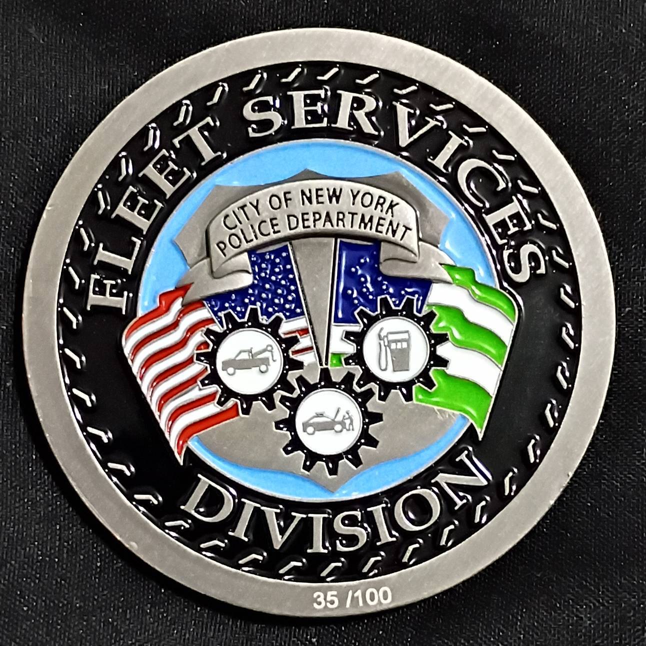 NYPD headquarters fleet services station challenge coin — front