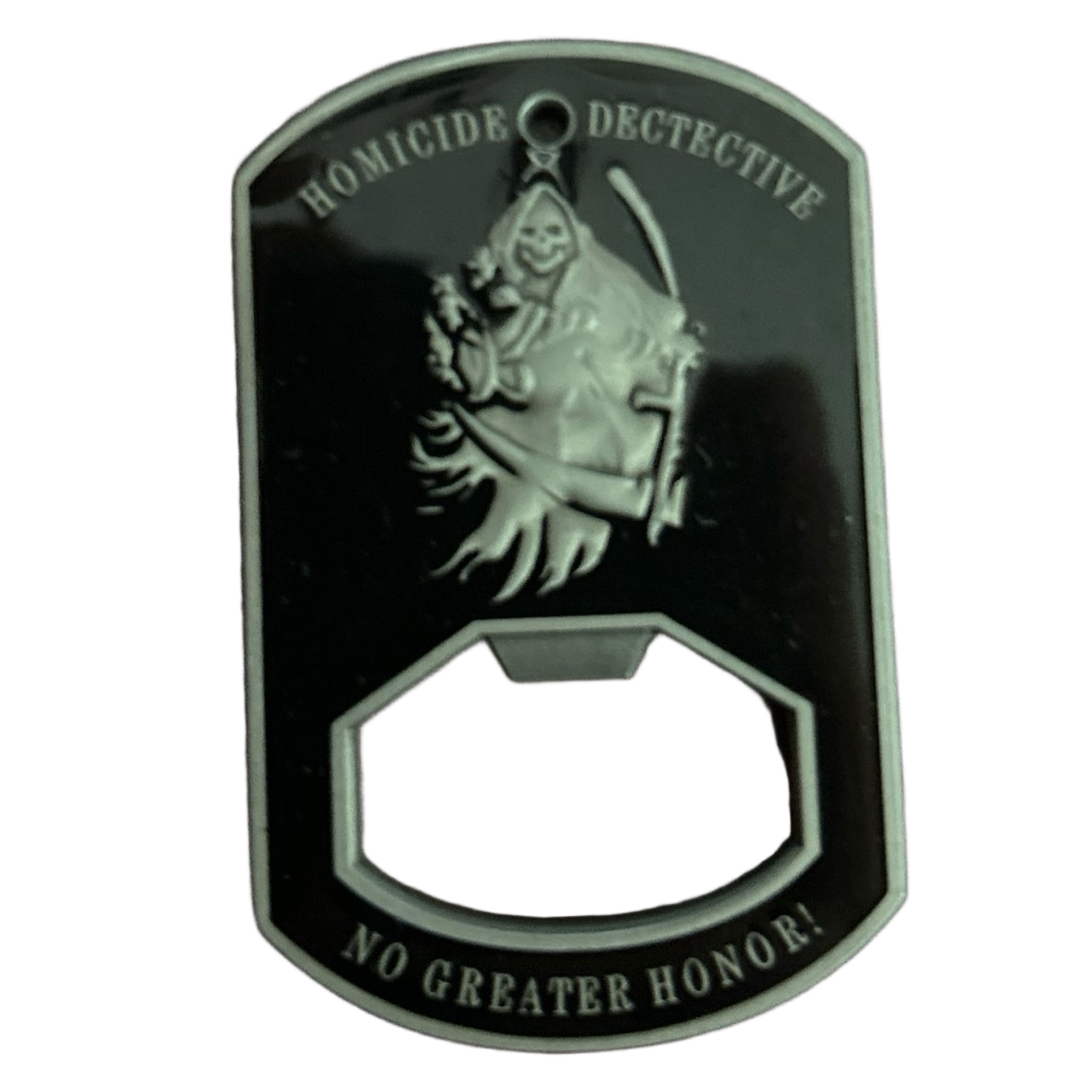 Homicide detective bottle opener — front