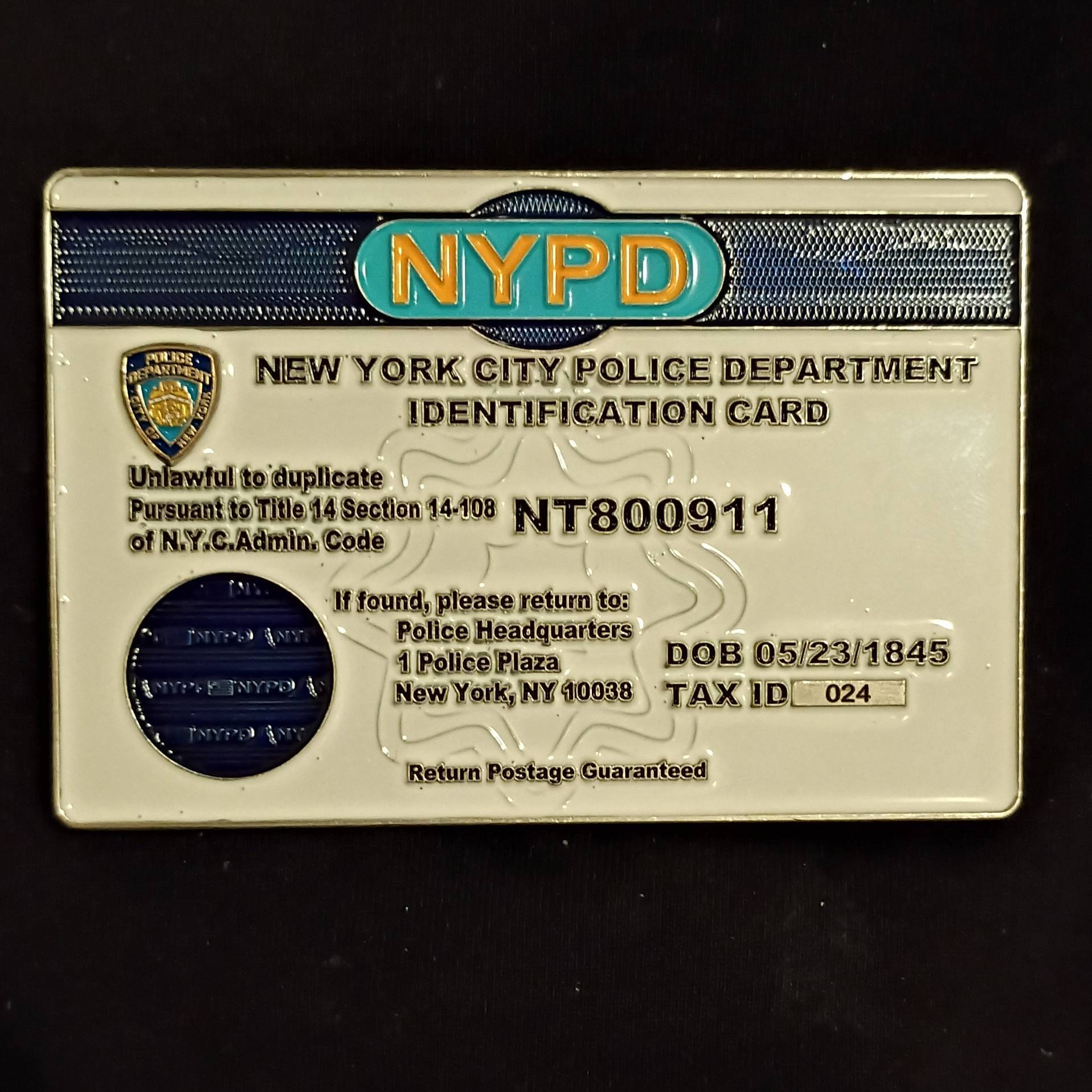 NYPD ID card challenge coin — back
