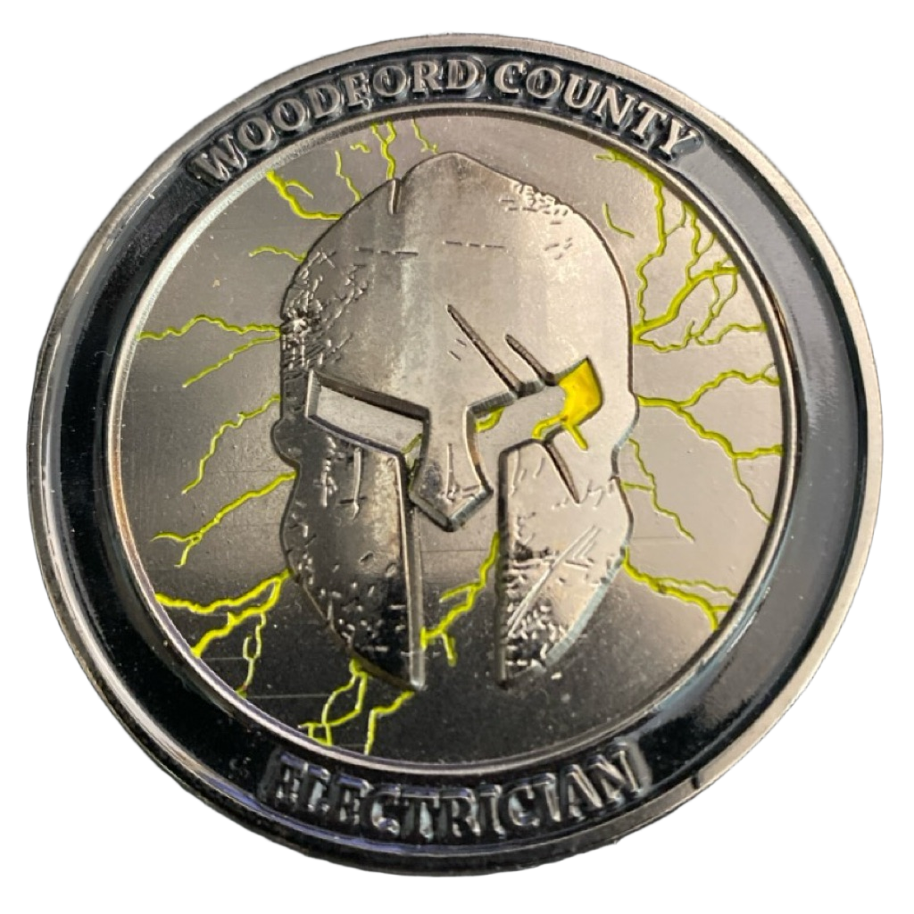 Woodbord County Electrician Challenge Coin — front